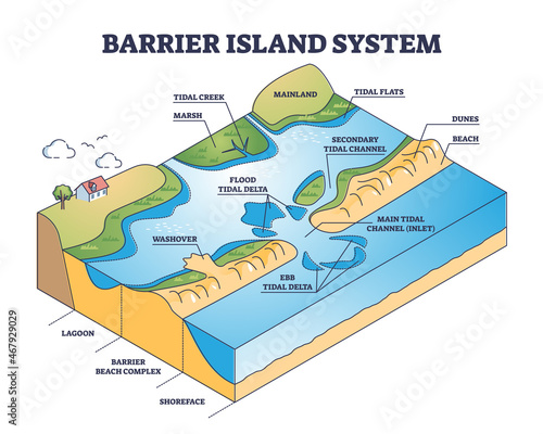 Barrier island systems as dune type and coastal landforms outline diagram. Labeled educational beach with lagoon and shoreface structure formation description from geological side vector illustration. photo