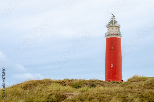 The Eierland Lighthouse on the northernmost top of the Dutch island of Texel  Red lighthouse tower on the dunes with european marram grass and blue sky as background  North Holland  Netherlands.