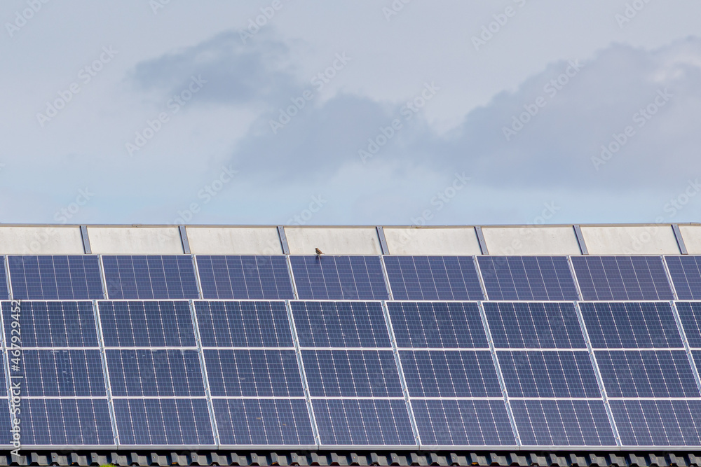 Green energy concept, A solar cell panel on the rooftop under blue sky, Photovoltaic cell is an electrical device that converts the energy of light directly into electricity by the photovoltaic effect Green energy concept, A solar cell panel on the rooftop under blue sky, Photovoltaic cell is an electrical device that converts the energy of light directly into electricity by the photovoltaic effect