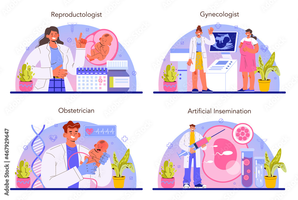 Reproductologist and reproductive health set. Gynecologist doctor