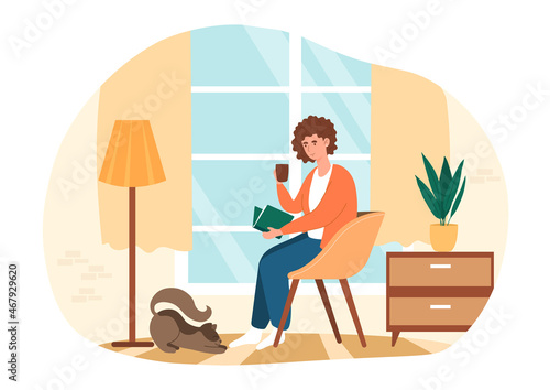 Concept of reading woman. Girl sitting with book and cup of coffee in her hand. Character in comfortable environment. Hostess sitting on chair next to cat, pets. Cartoon flat vector illustration