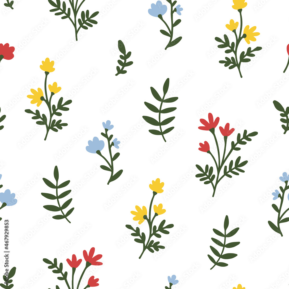 Obraz premium Floral Seamless Pattern. Small multicolor Meadow Flower. Tiny Wildflower with leaves. Ditsy style motif, template, texture. Vector background for fashion, nursery print, textile, wrapping, gift paper
