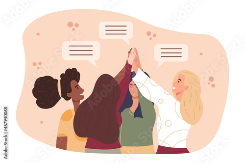 Womens friendship concept. Girls give each other fives. Team gestures, good attitude. Unity, equal, feminism. Strong characters, sisterhood, dialogue communication. Flat cartoon vector illustration