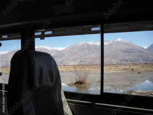 A beautiful reflection mountain landscapes from traveler van along the way at Leh Ladakh, India