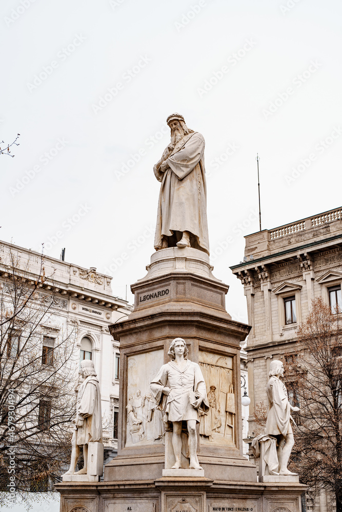 Sculpture of Leonardo da Vinci in front of the National Museum of Science and Technology in Milan. Italy