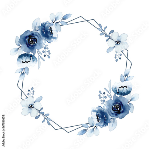 Blue white floral watercolor with geometric frame