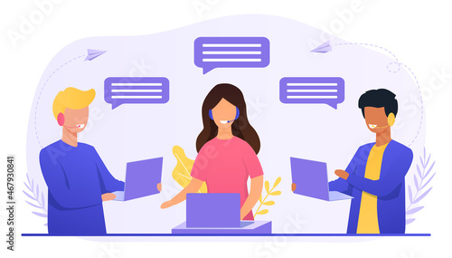 Concept of call center. Characters answer customer questions. Technical customer support. Man and woman at laptops write answers to users questions, website. Cartoon flat vector illustration