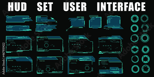 Frames set. Frames, dialog boxes, circles and targets. HUD user interface elements. Modern futuristic digital frames for games. Set of Cyberframes for HUD