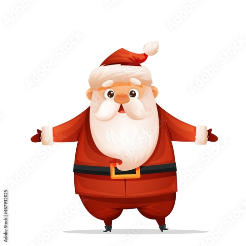 Cute santa is standing with his hands apart. Christmas illustration on isolated white background