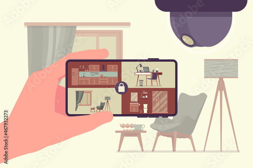 CCTV, smartphone app for video surveillance. Closed circuit television equipment security and home protection. Hand holding phone with four rooms on screen. Vector flat style cartoon illustration