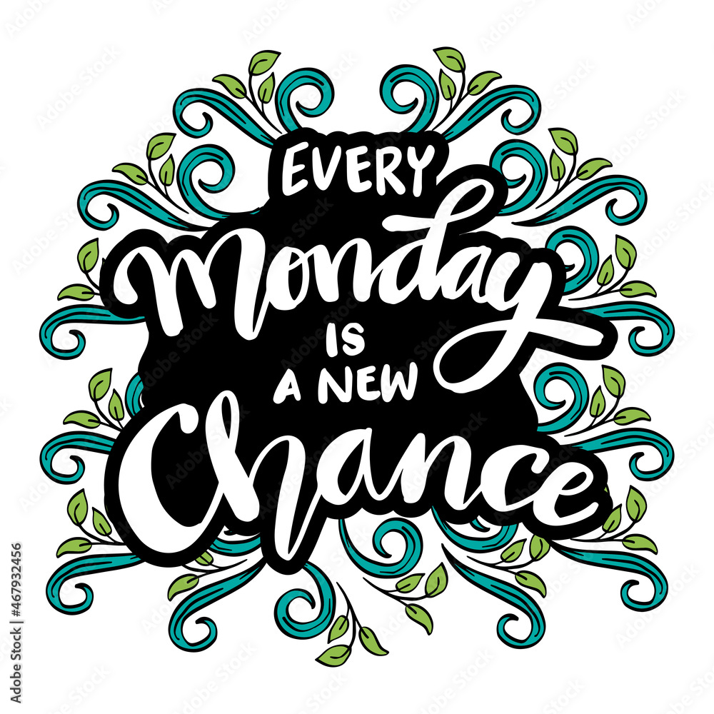 Every Monday is a new chance, hand lettering. Motivational quote.