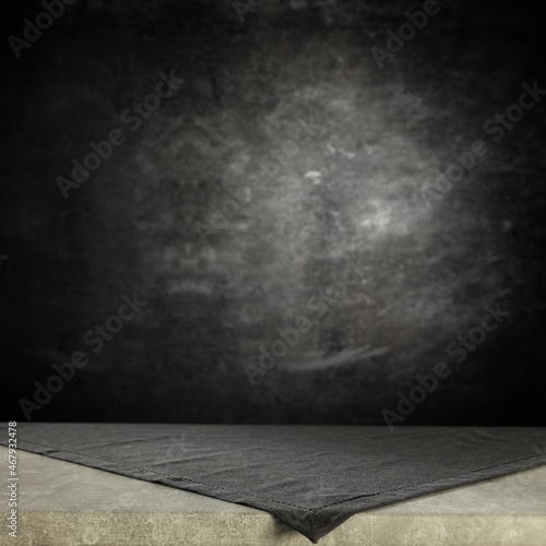 Desk of free space for your decoration and black wall background. 