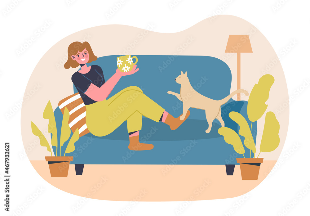Homeliness atmosphere concept. Man and cat playing on couch. Comfortable rest in apartment, cozy home. Rest after work, vacation. Time for yourself, evening. Cartoon flat vector illustration Homeliness atmosphere concept. Man and cat playing on couch. Comfortable rest in apartment, cozy home. Rest after work, vacation. Time for yourself, evening. Cartoon flat vector illustration