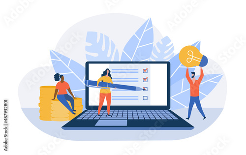 Concept of idea. Designers developing design for site. modern technology, template, layout, mockup. Programmers, employees freelancers. Creativity, solution problems. Cartoon flat vector illustration