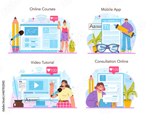 Speechwriter online service or platform set. Professional speaker or copywriter