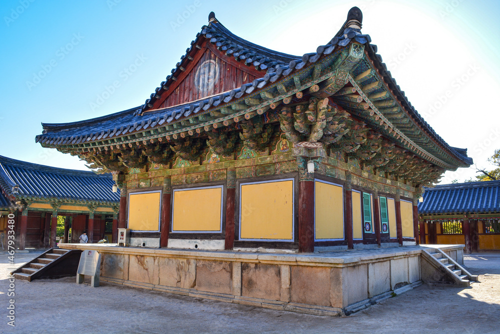 Wooden building covered with tile roof of Bulguksa Temple in Gyeongju Wooden building covered with tile roof of Bulguksa Temple in Gyeongju