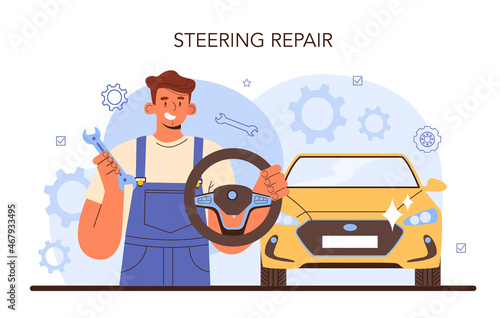 Car repair service. Automobile components got fixed in car workshop