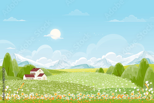 Spring green fields landscape with mountain, blue sky and clouds background,Panorama peaceful rural nature in springtime with green grass land. Cartoon vector illustration for spring and summer banner