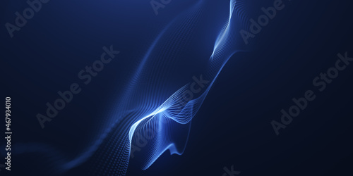 Blue particles wave background. Abstract dynamic mesh. Big data technology.