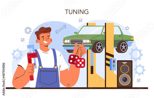 Car tuning. Automobile interior got replaced in car workshop. Mechanic