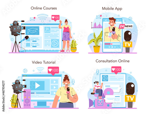 TV presenter online service or platform set. Television host in studio