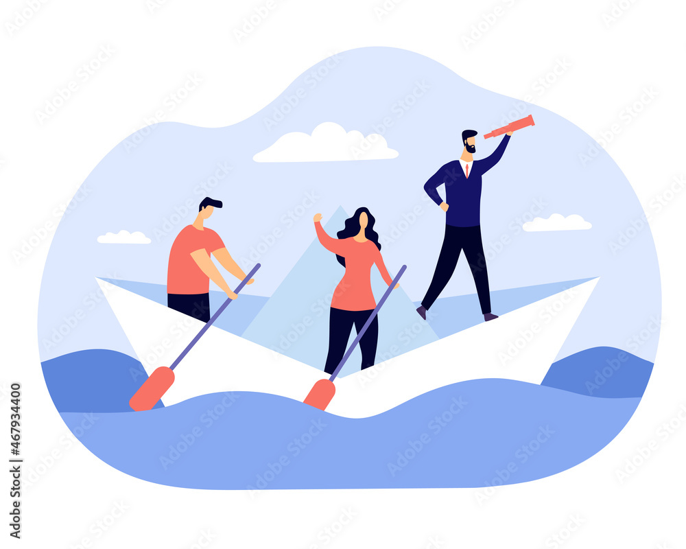 People on paper boat. Metaphor of business goals, entrepreneur looks at binoculars. Vision of success, leader leads team to fail. Project, company, path, mission. Cartoon flat vector illustration
