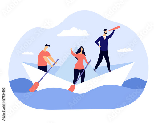 People on paper boat. Metaphor of business goals, entrepreneur looks at binoculars. Vision of success, leader leads team to fail. Project, company, path, mission. Cartoon flat vector illustration