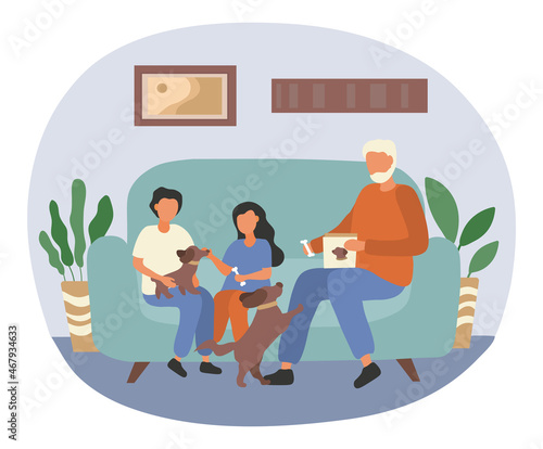 Playing with dogs. Large family sitting on couch and spending time together in evening. Rest after work. Man, girl and grandfather entertain pet. Care, love, comfort. Cartoon flat vector illustration