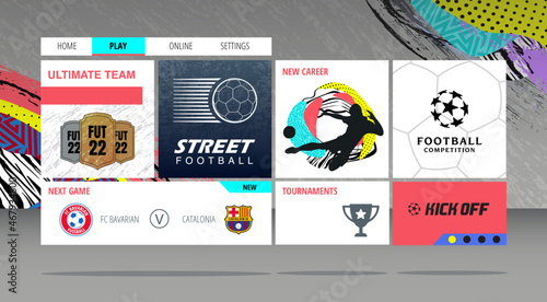 Graphic Template for menu in sport bet website, football application or soccer video game. Layout for presentation screen with seperated groups. Tournament layers, competition and abstract elements