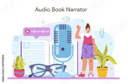Voiceover concept. Voice actor dubbing a movie or series. Audio book