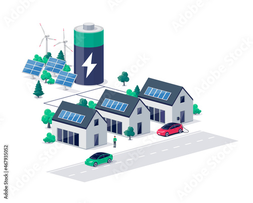 Home virtual renewable sustainable power plant battery energy storage with house photovoltaic solar panels and rechargeable li-ion electricity backup. Electric car charging on smart off-grid system.
