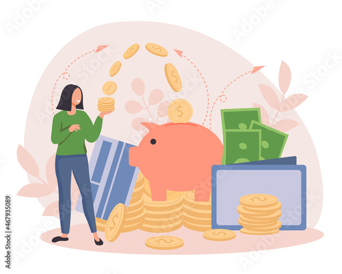 Saving money concept. Girl sends coins to piggy bank. Financial literacy, investment. Family counts his income, correct handling of money, accumulation, earn. Cartoon flat vector illustration