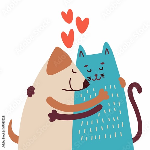 Vector drawing of a cat and a dog hugging together
