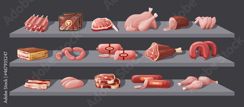 Different fresh meat on shelves at supermarket display. Commercial goods at grocery shop