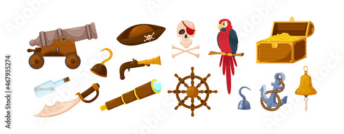 Adventure pirate equipment set. Treasure chest, gunshot, hook, note bottle, anchor, saber, skull