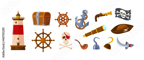 Adventure pirate equipment set. Treasure chest, gunshot, hook, note bottle, anchor, skull