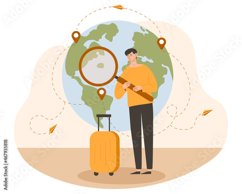 Tourist with luggage. Man with magnifying glass looks at map of world, Earth. Globe, planet, character chooses point for travel. Traveler, vacation, vacation. Cartoon flat vector illustration