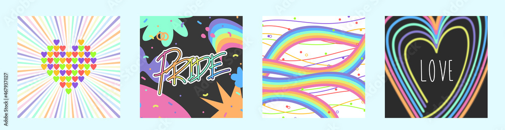 Social LGBTQ square template cards set with love and pride in colorful diversity theme