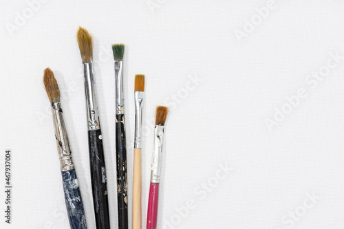 Group of paintbrushes on white canvas background. Copy space