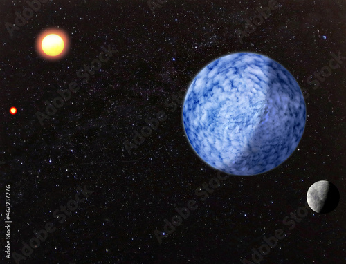 Fantastic water planet, two stars and Moon