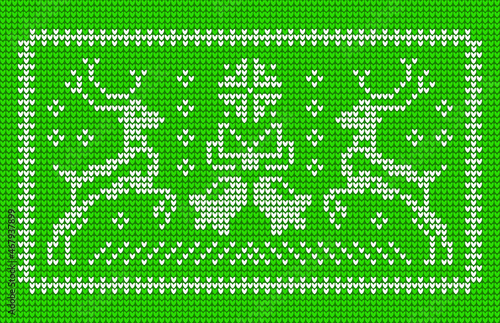 Green knitting pattern in ugly sweater style with jingle bells and Christmas reindeers