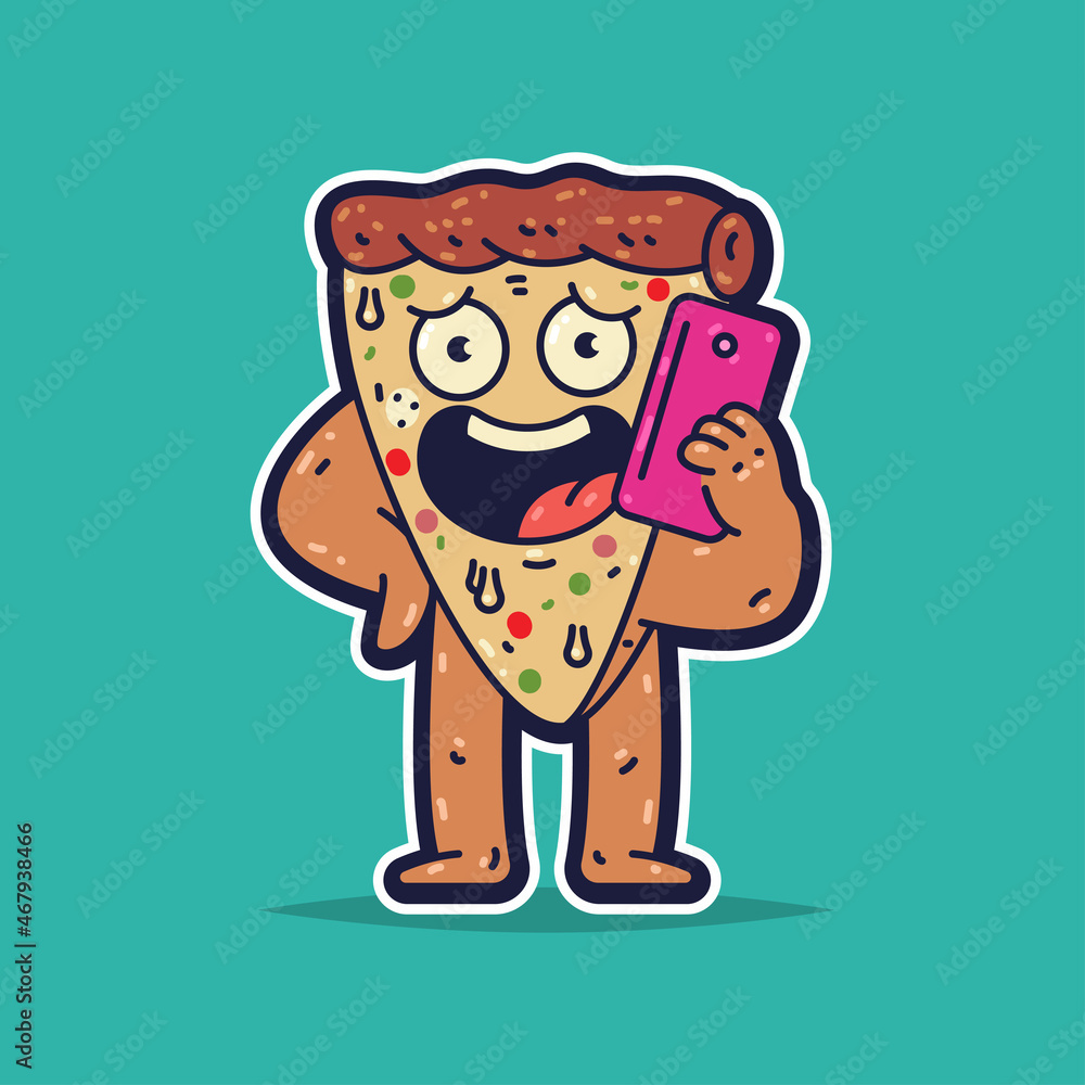 Cute pizza slice with phone vector cartoon character isolated on background.