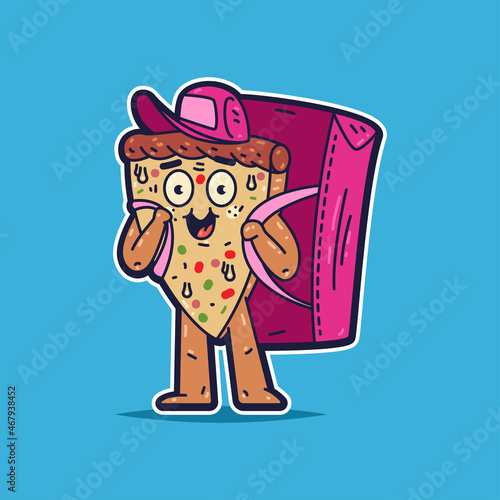 Cute pizza delivery mascot with backpack vector cartoon character isolated on background.