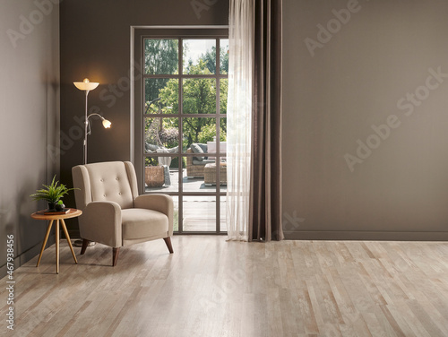 Grey wall background with window curtain and vase of plant, frame, lamp decoration with armchair style.