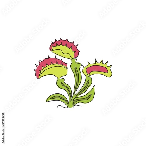Single continuous line drawing of mysterious fresh venus flytrap for home decor wall art poster print. Scary dionaea muscipula for monster creature character. One line draw design vector illustration