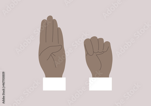 The distress gesture to signal the need for help, hand up, palm up, with the thumb tucked, then folding the fingers down