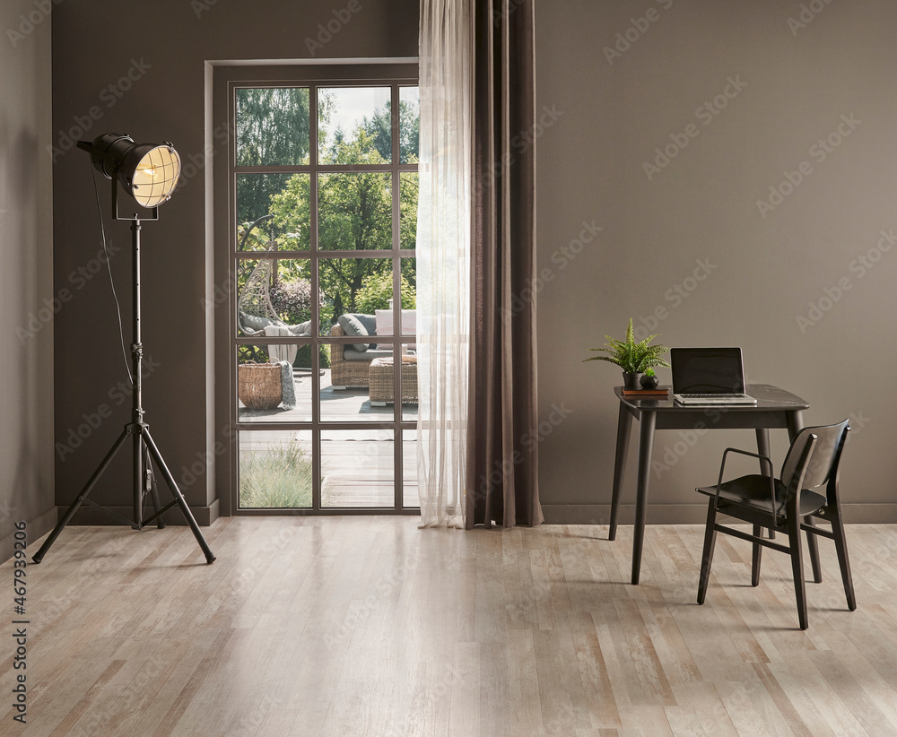 Fototapeta premium Grey wall background with window curtain and vase of plant, frame, lamp decoration with armchair style.