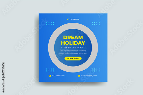 Travel promotion social media post or travelling business instagram square web banner template.