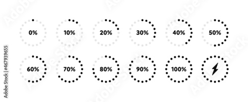 Battery recharge icon set. Vector flat illustration. Black color icons isolated on white background. Percentage charge indicator number in circle frame.