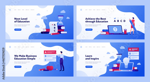 Online education banner template. Vector flat illustration set. Collection of horizontal layout. Laptop, exam, book and students symbols. Design for business training and university courses